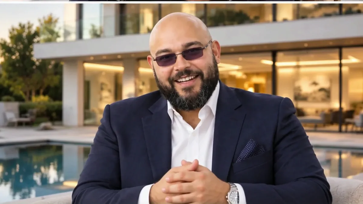 Ibrahim AlGendy introducing his approach to real estate in front of a luxury home